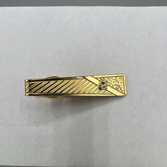 Vintage Skinny W/ Stone Tie Clip Tie Bar Clasp Gold NOS 50s-70s MFG L#0254 - Picture 1 of 3